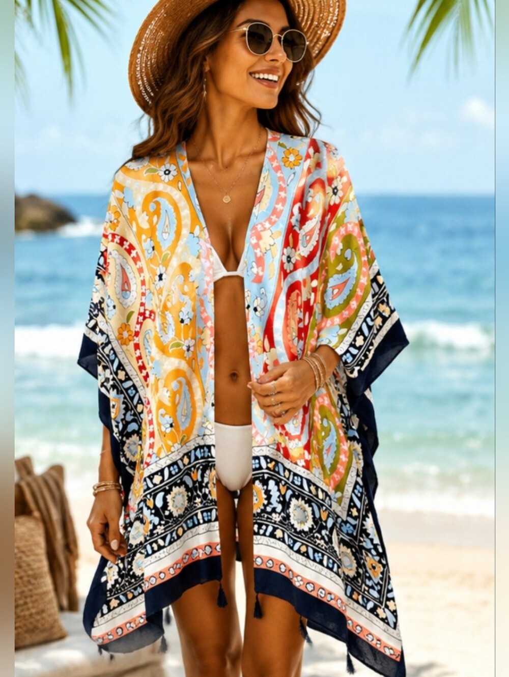 Boho Paisley Floral Kimono Cover Up Beach Resort Swimwear Festival Duster
